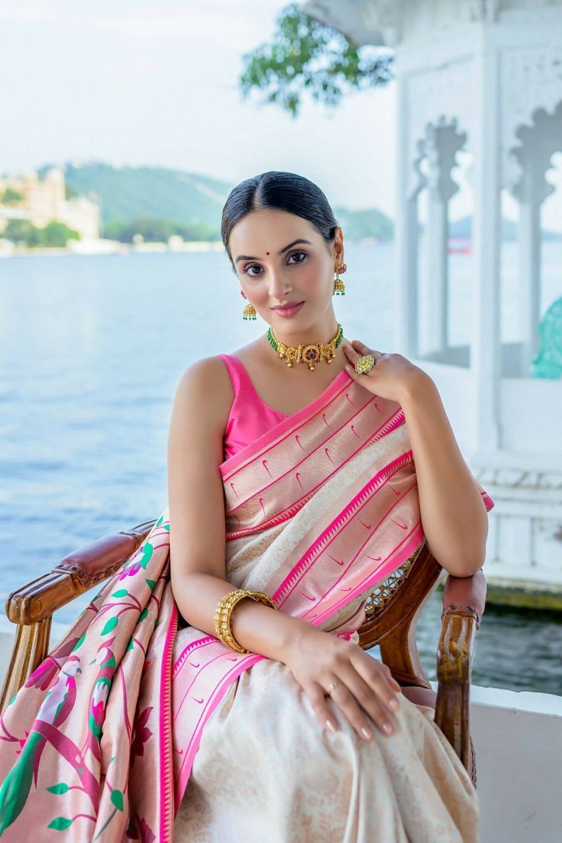 Aastha Fashion Off White Woven Kanjivaram Silk Saree with Blouse - Distacart