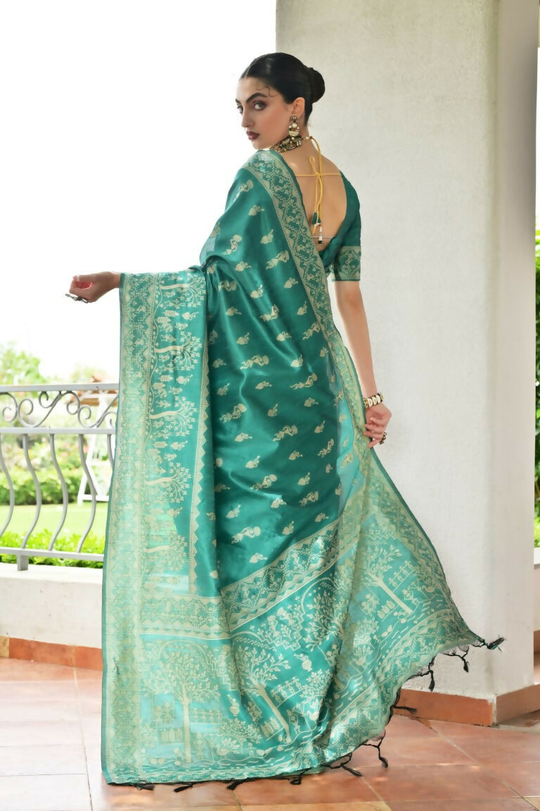 Vishnu Weaves Women's Rama Handloom Raw Silk Thread Weaving Saree with Blouse