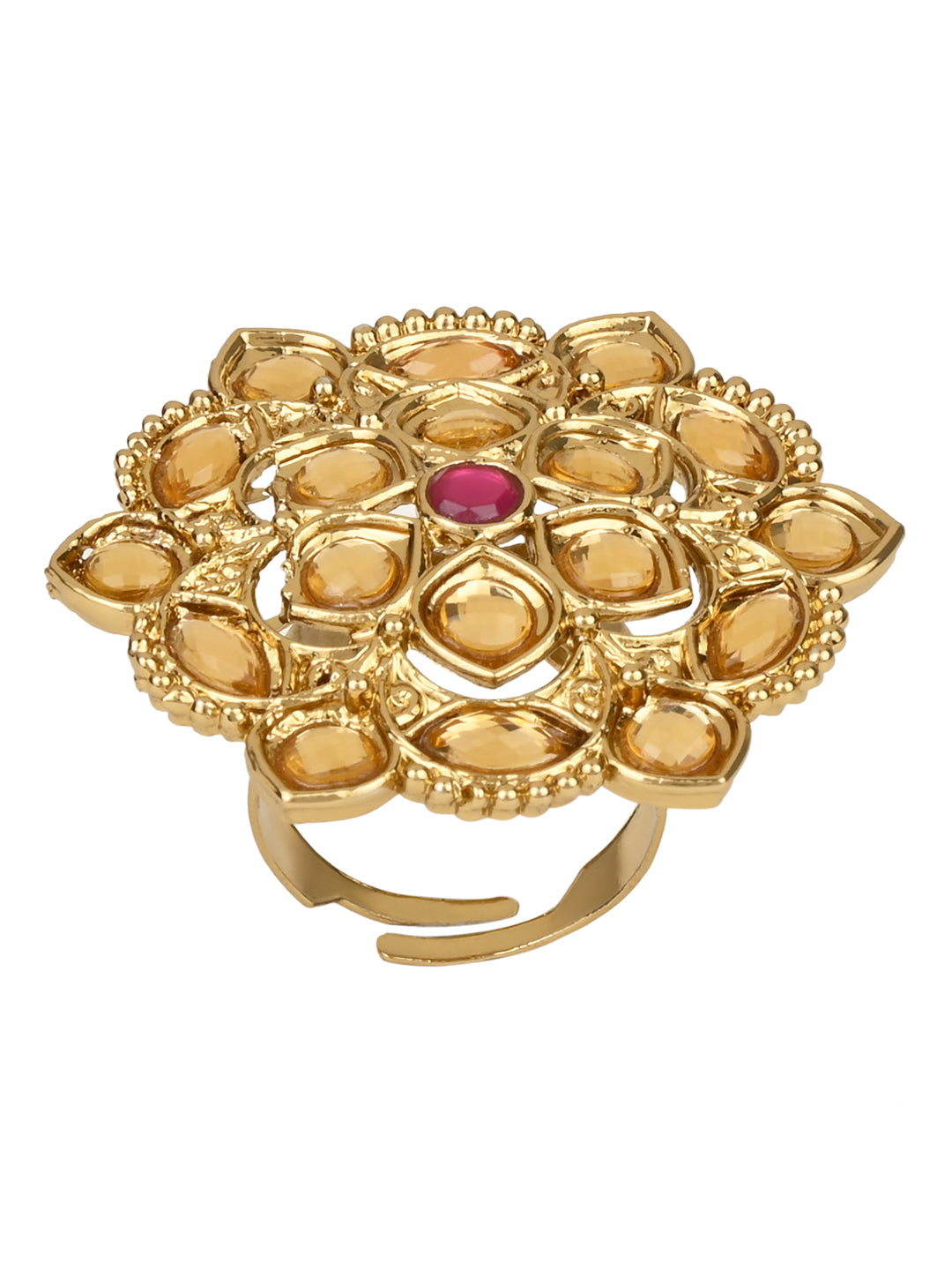 18k Gold Plated Traditional Work Moti Finger Ring Glided For Women/Girls - Wahe Jewels