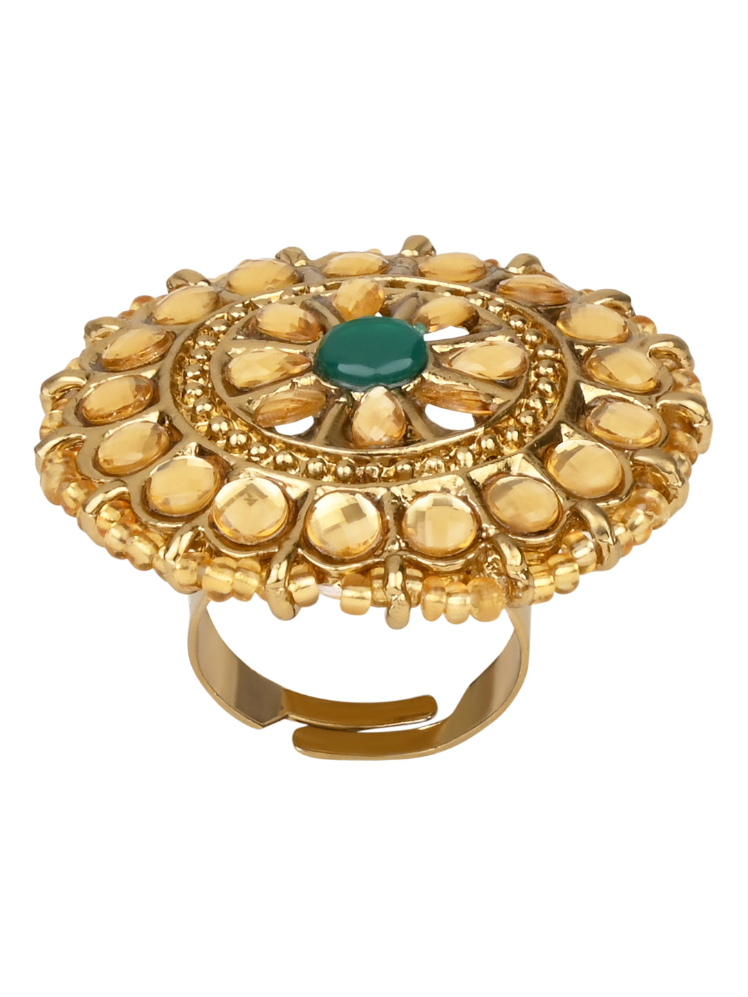 18k Gold Plated Traditional Work Moti Finger Ring Glided For Women/Girls - Wahe Jewels