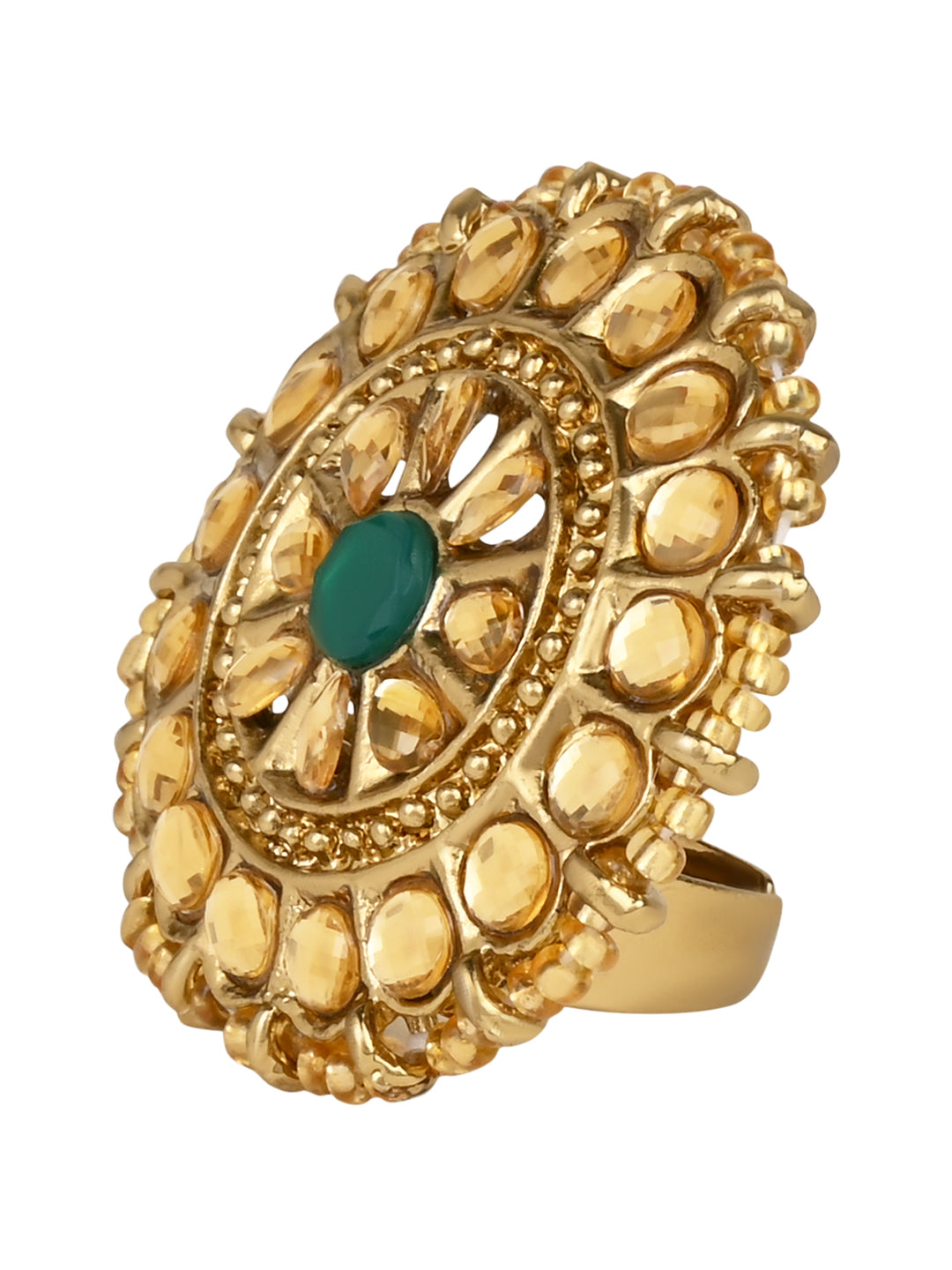 18k Gold Plated Traditional Work Moti Finger Ring Glided For Women/Girls - Wahe Jewels