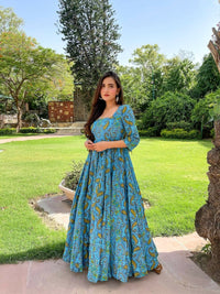 Thumbnail for Aastha Fashion Women's Sky Blue Cotton Silk Digital Printed Anarkali Dress - Distacart