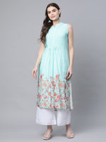 Thumbnail for Ahalyaa Women's Sky Blue Rayon Printed Kurta Palazzo Set