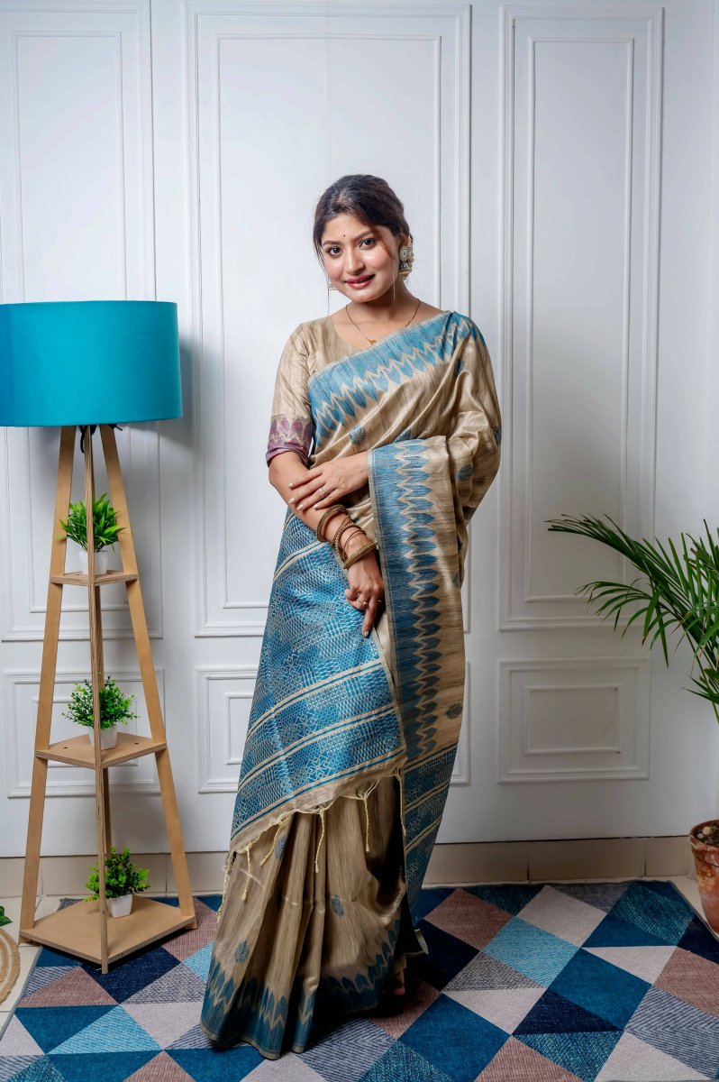 Aastha Fashion Blue Thread Woven Handloom Tussar Silk Saree with Blouse - Distacart