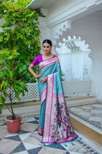 Thumbnail for Aastha Fashion Teal Woven Kanjivaram Silk Saree with Blouse - Distacart