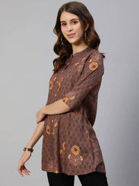 Thumbnail for Anubhutee Brown & Yellow Floral Foil Printed Kurti - Distacart