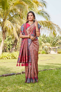 Thumbnail for Vastranavya Boutique Collection Kanjivaram Soft Silk Saree With Unstitched Blouse - Coral - Distacart