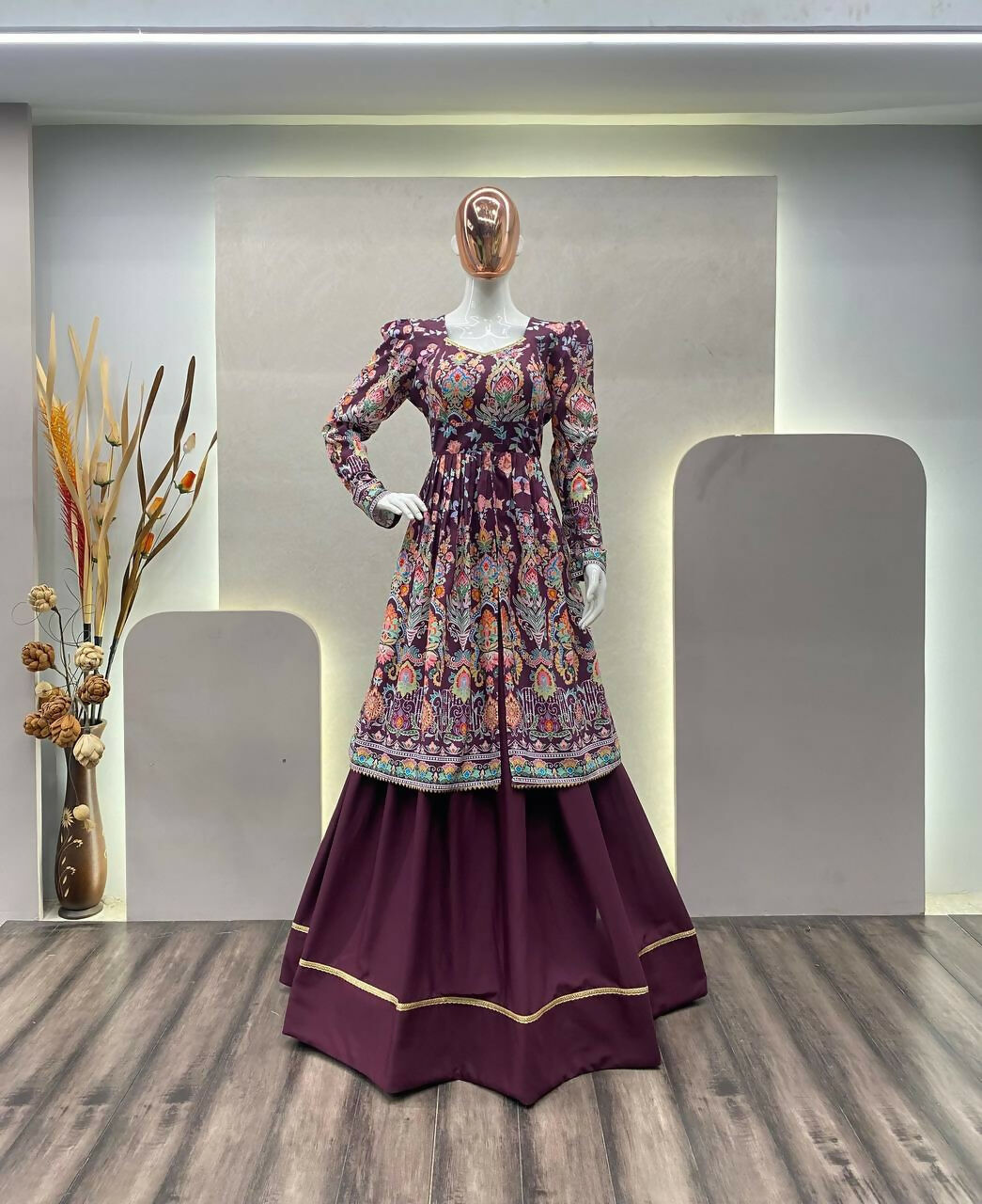 Preksha Creation Navratri Wear Boutique Styles Rayon Printed Top With Full Flare Lehenga - Red