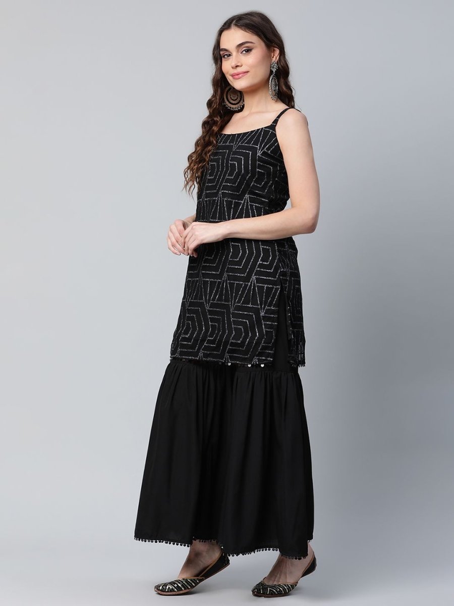 Ahalyaa Women Black Net Glitter Print Short Kurti With Sharara Dupatta Set - Distacart