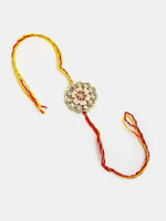 Thumbnail for NVR Women & Men Set of 2 Gold Kundan-Studded Bhaiya Bhabhi Rakhi Set With Roli Chawal & Chocolate - Distacart