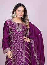 Thumbnail for Teeya Creation Wine Color Chinnon Silk Embroidery Work Fully Stitched Salwar Suit - Distacart