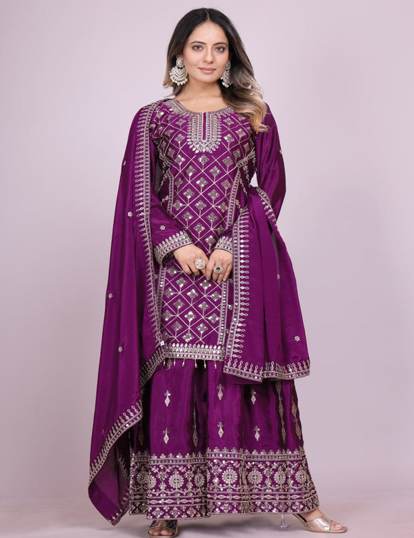 Teeya Creation Wine Color Chinnon Silk Embroidery Work Fully Stitched Salwar Suit - Distacart