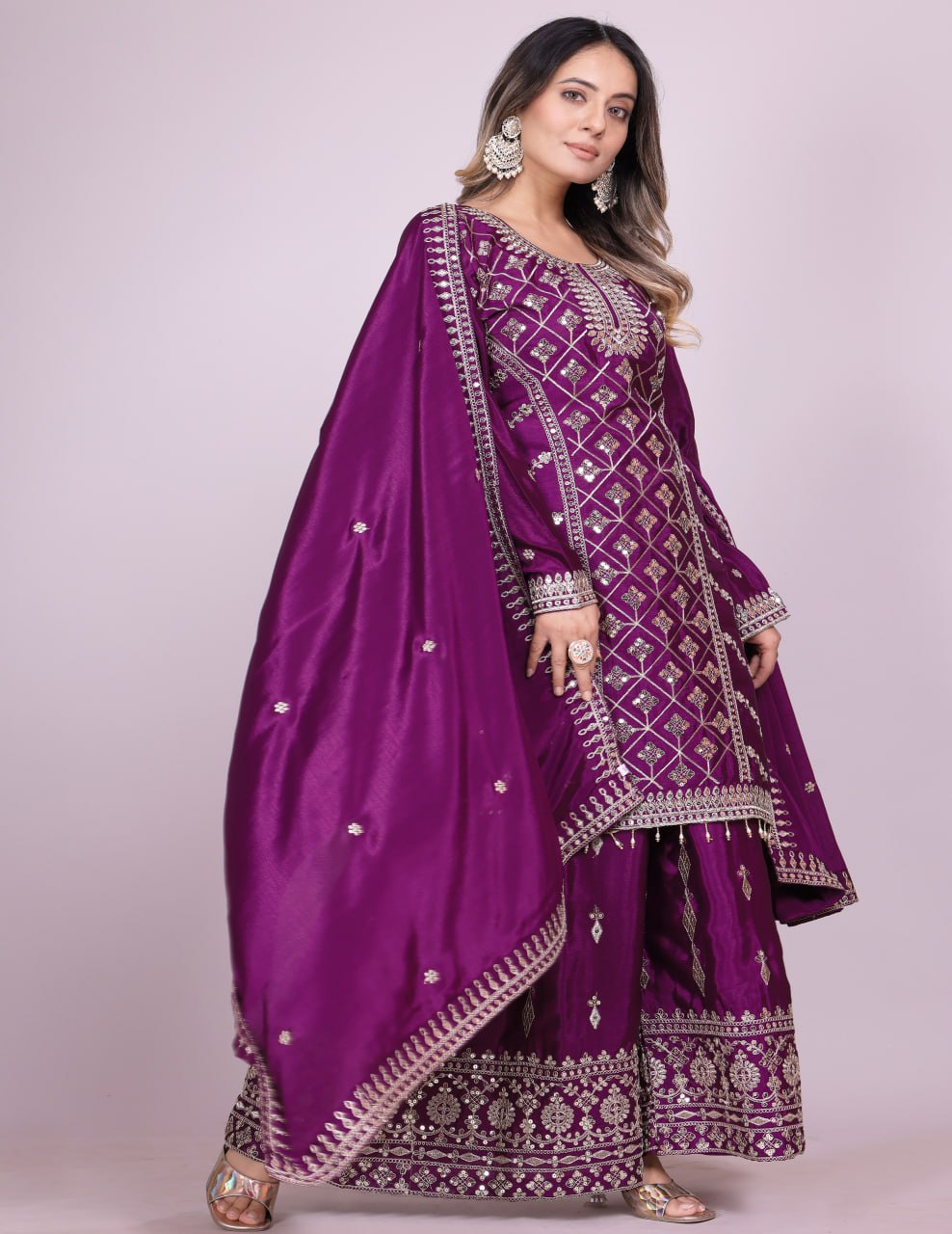 Teeya Creation Wine Color Chinnon Silk Embroidery Work Fully Stitched Salwar Suit - Distacart