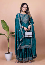 Thumbnail for Lehenga Mart Designer Chinon Sharara Suit With Sequence Embroidered Work - Teal blue - Distacart