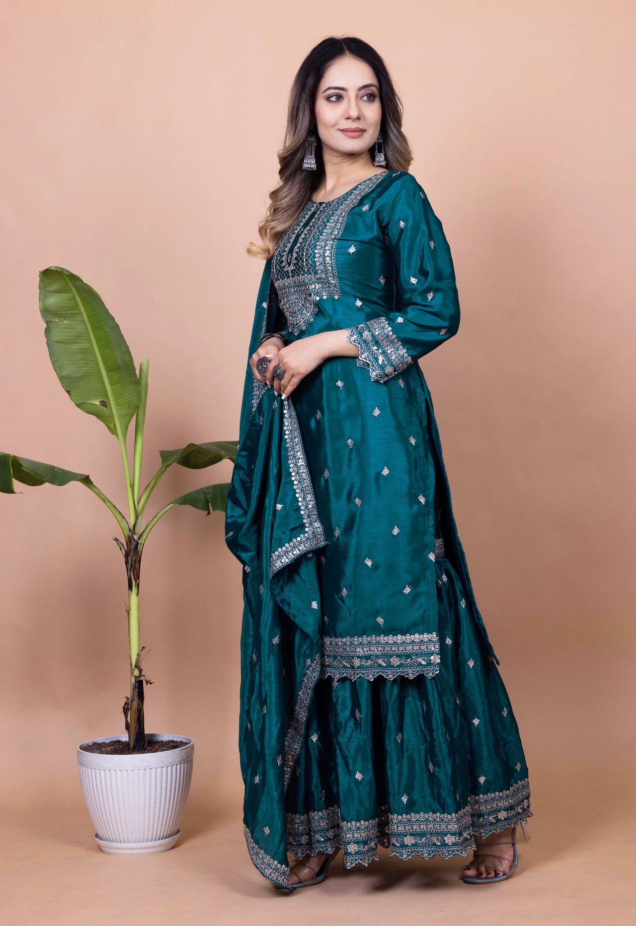 Lehenga Mart Designer Chinon Sharara Suit With Sequence Embroidered Work - Teal blue