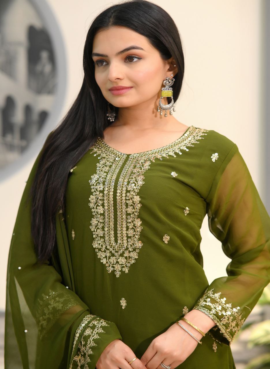 Lehenga Mart Designer Faux Georgette Suit With Embroidered Work - Mahendi - Distacart