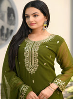 Thumbnail for Lehenga Mart Designer Faux Georgette Suit With Embroidered Work - Mahendi - Distacart