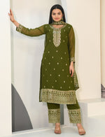 Thumbnail for Lehenga Mart Designer Faux Georgette Suit With Embroidered Work - Mahendi - Distacart