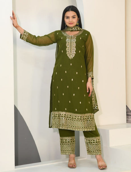 Lehenga Mart Designer Faux Georgette Suit With Embroidered Work - Mahendi - Distacart