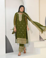 Thumbnail for Lehenga Mart Designer Faux Georgette Suit With Embroidered Work - Mahendi - Distacart