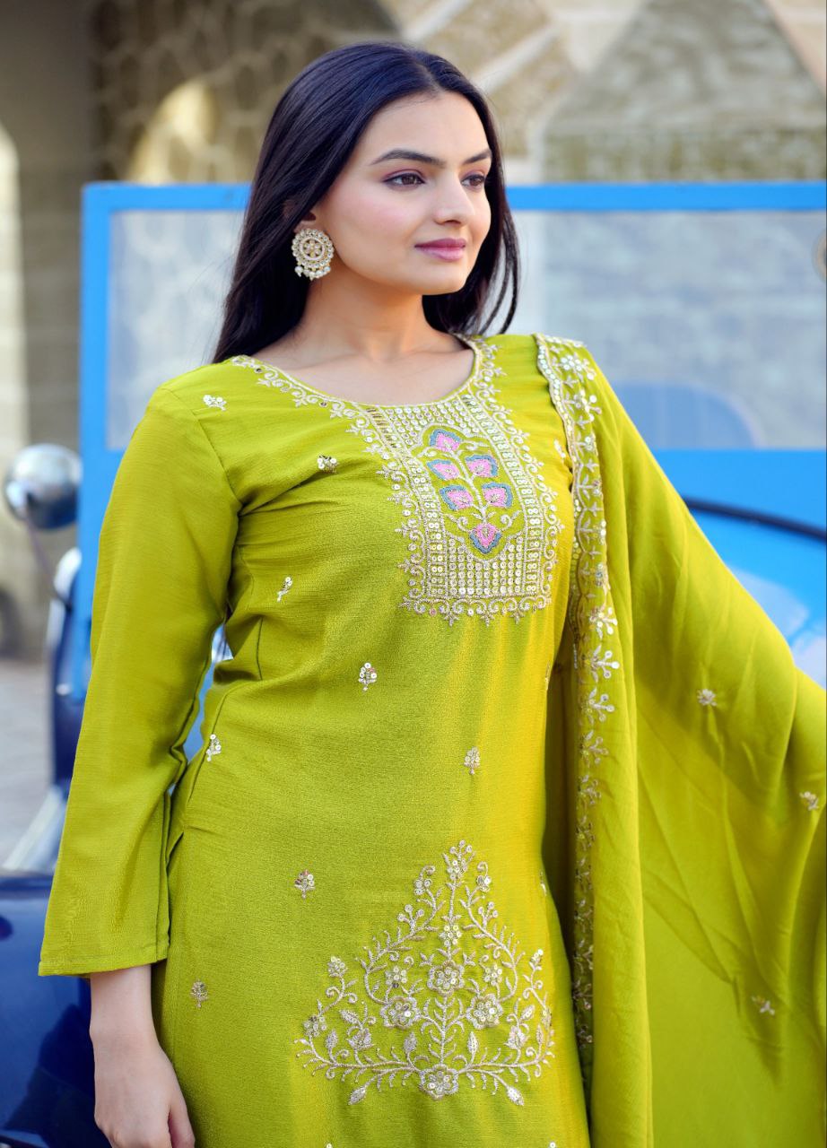 Lehenga Mart Designer Chinon Suit With Embroidered Work - Parrot Green - Distacart