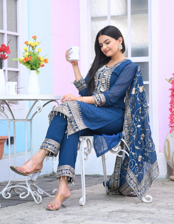 Lehenga Mart Designer Faux Georgette Suit With Embroidered Work And Stone Work - Blue - Distacart