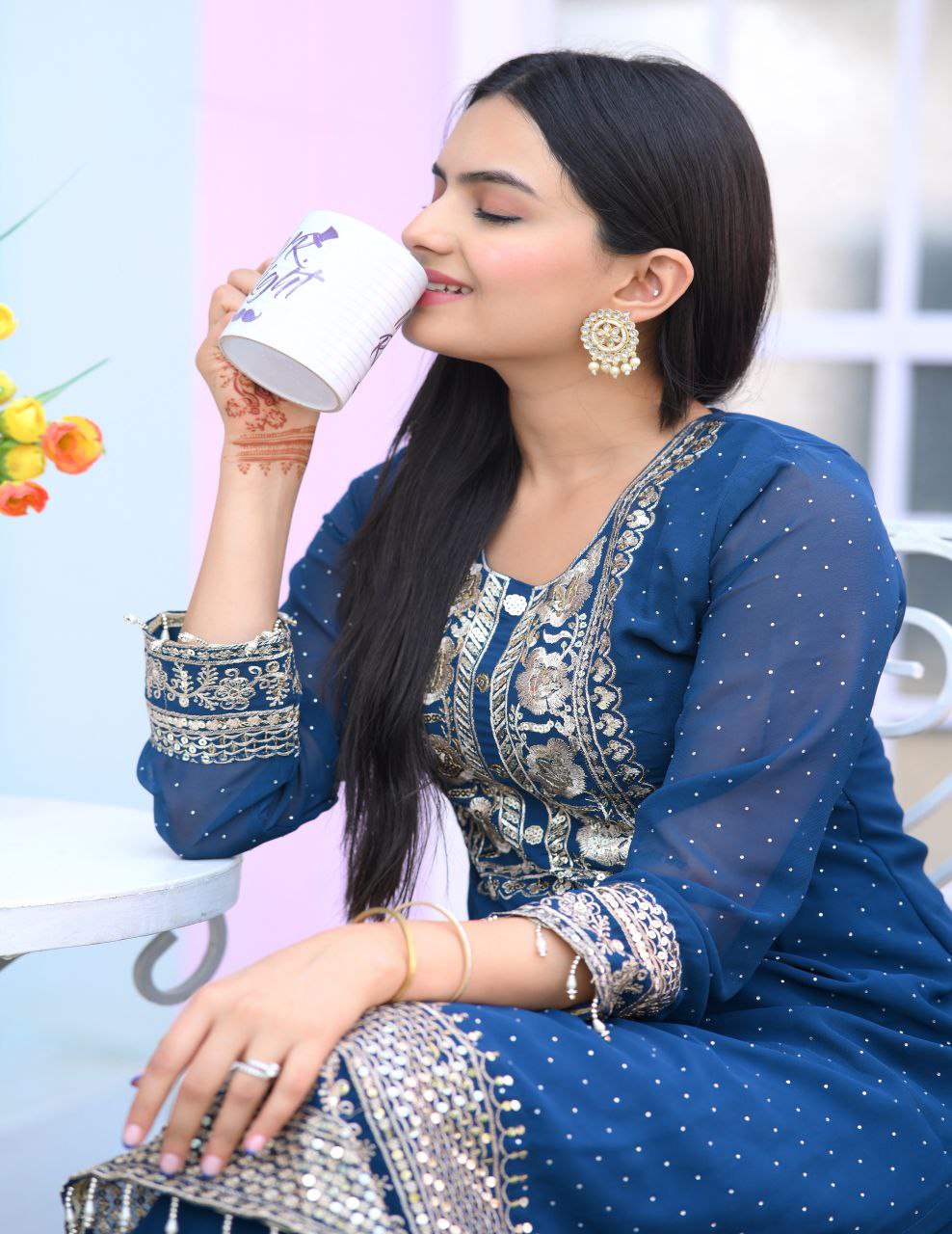 Lehenga Mart Designer Faux Georgette Suit With Embroidered Work And Stone Work - Blue - Distacart