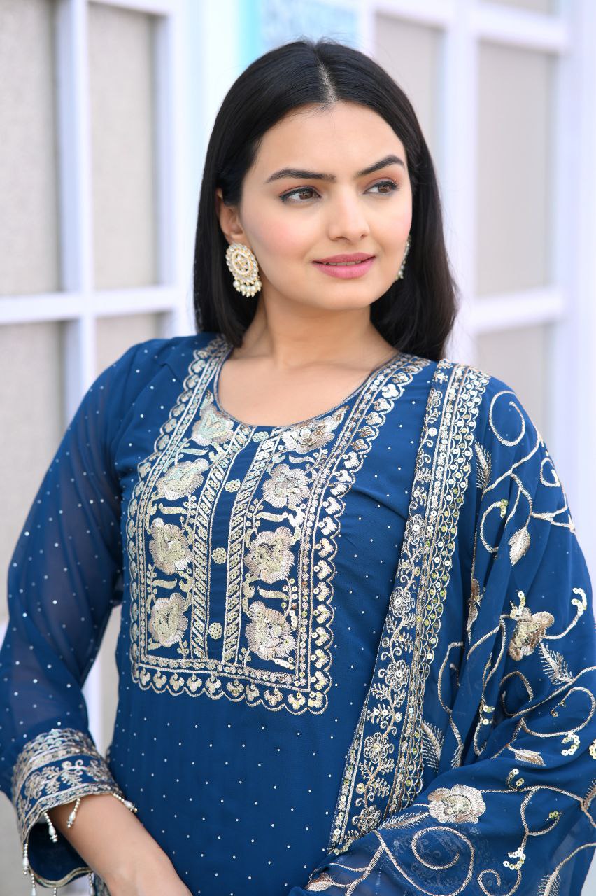 Lehenga Mart Designer Faux Georgette Suit With Embroidered Work And Stone Work - Blue - Distacart