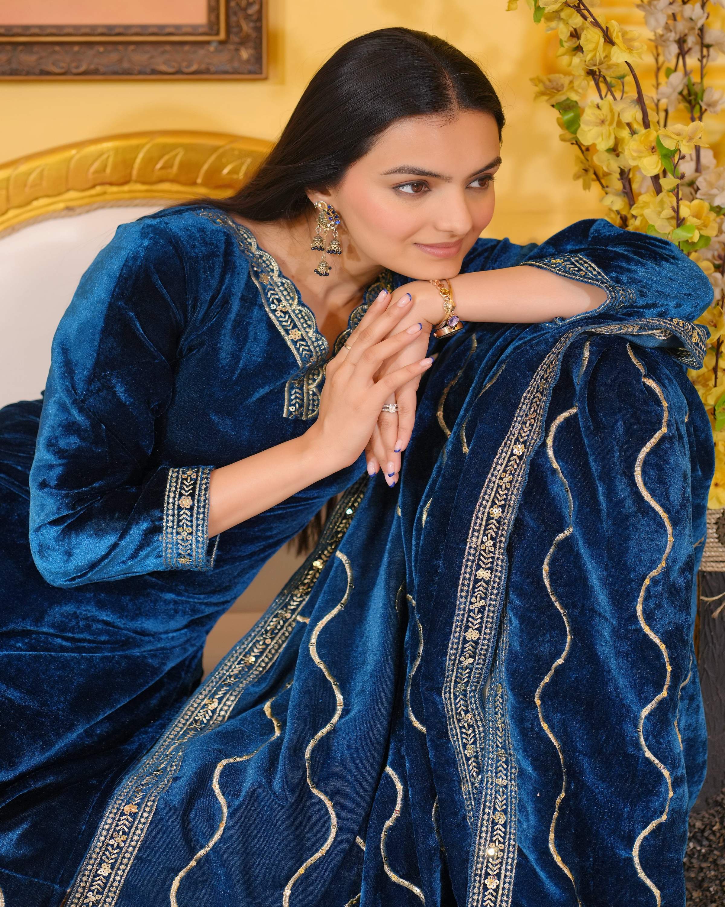 Lehenga Mart Designer Velvet Suit With Embroidered Work - Blue - Distacart