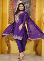 Thumbnail for Lehenga Mart Designer Chinon Dhoti Suit With Sequence Embroidered Work - Purple - Distacart