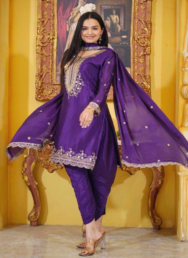 Lehenga Mart Designer Chinon Dhoti Suit With Sequence Embroidered Work - Purple - Distacart