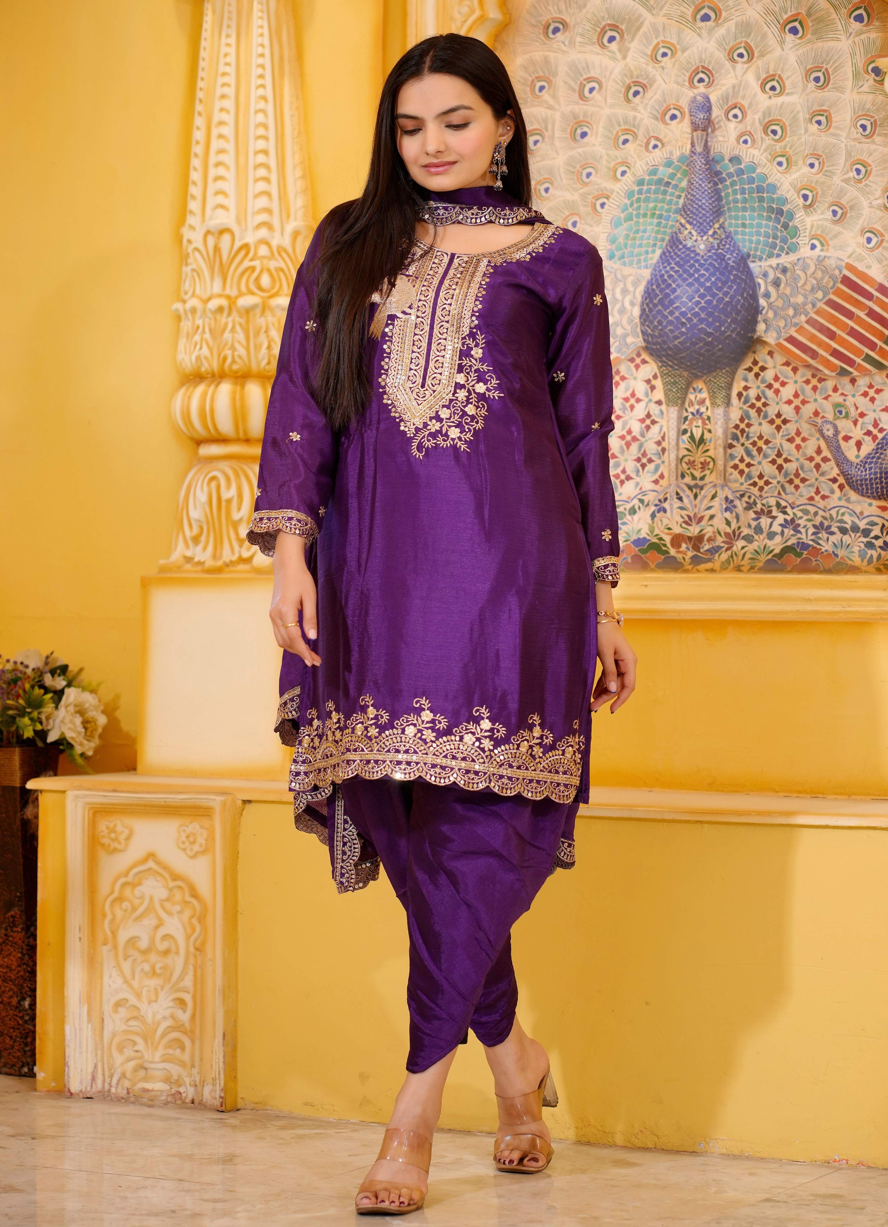 Lehenga Mart Designer Chinon Dhoti Suit With Sequence Embroidered Work - Purple - Distacart