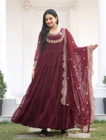 Thumbnail for Lehenga Mart Designer Georgette Gown With Sequence Embroidered Work - Maroon - Distacart