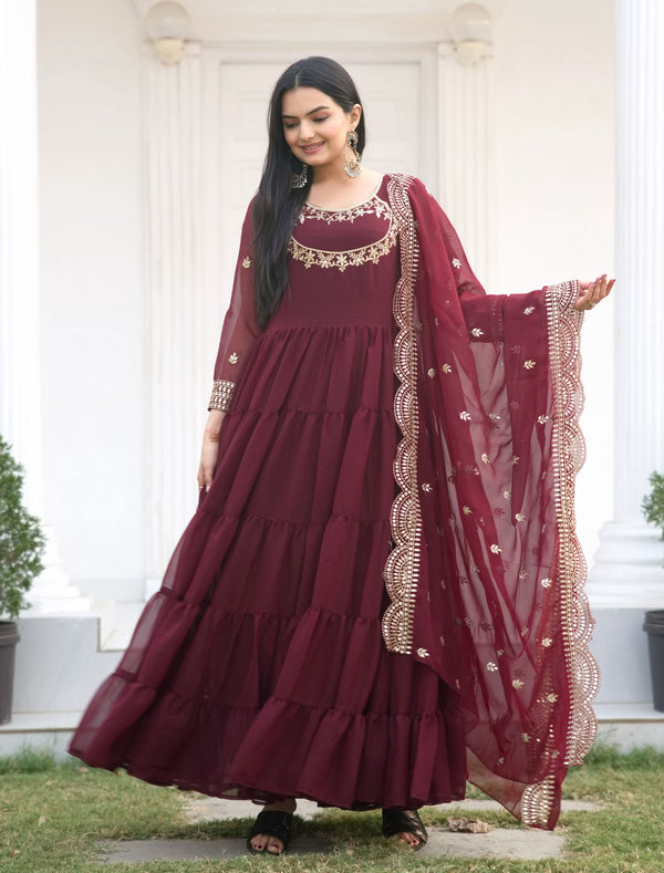 Lehenga Mart Designer Georgette Gown With Sequence Embroidered Work - Maroon - Distacart