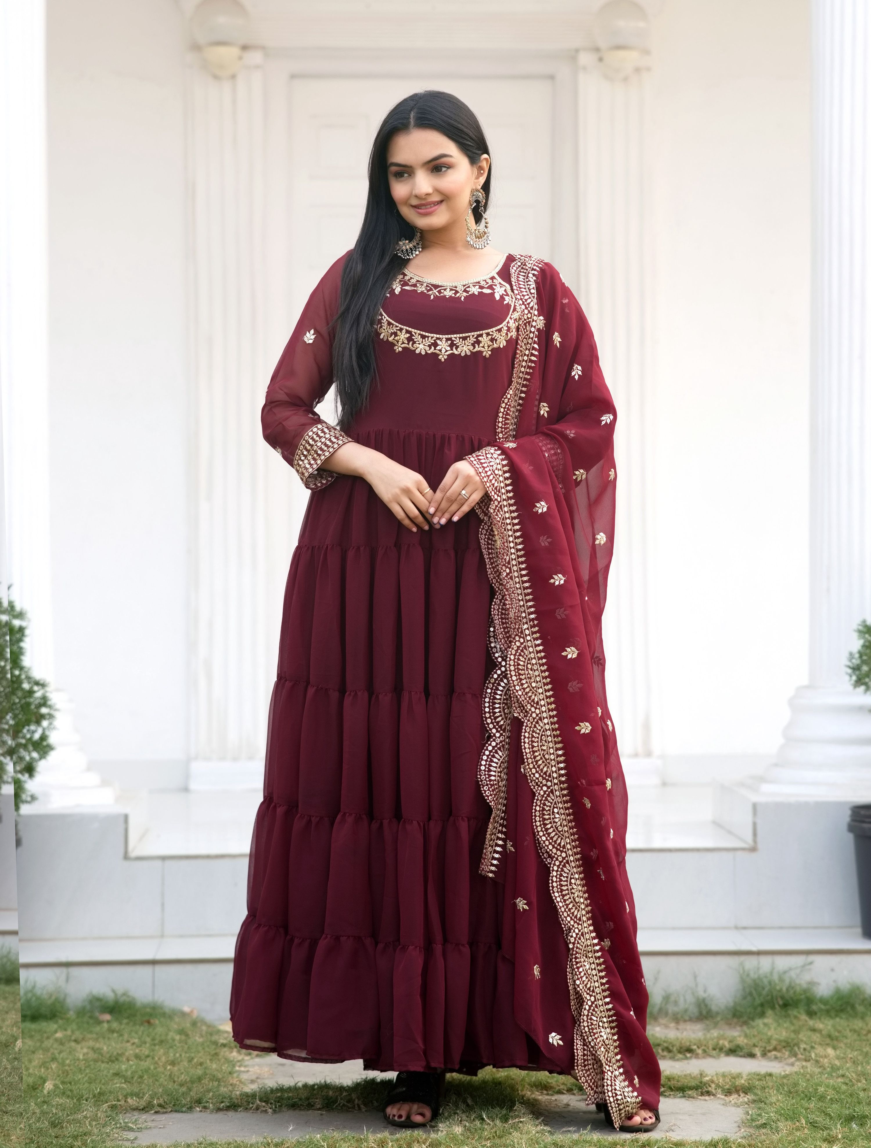 Lehenga Mart Designer Georgette Gown With Sequence Embroidered Work - Maroon - Distacart