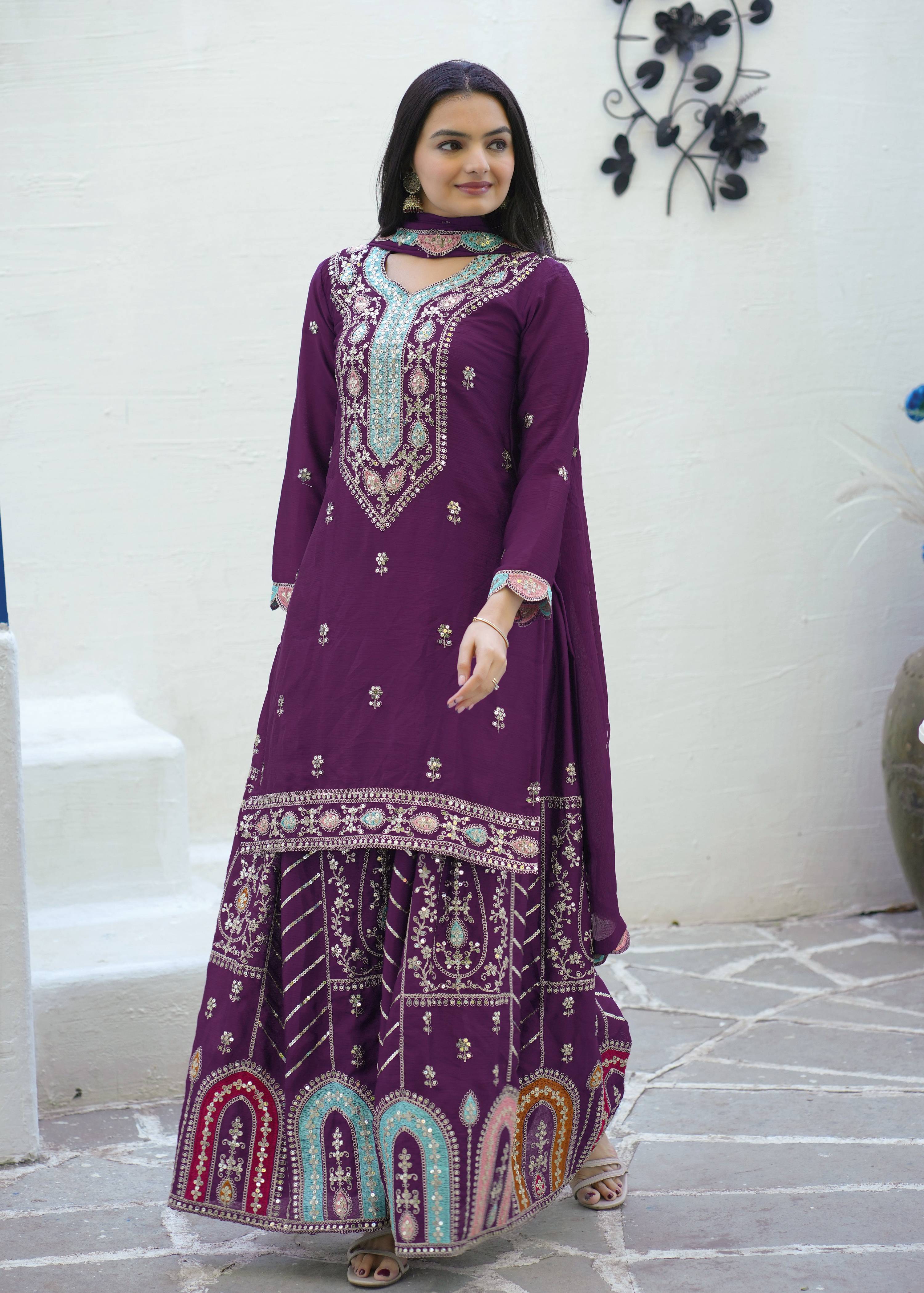 Lehenga Mart Designer Chinon Suit With Sequence Embroidered Work - Purple - Distacart