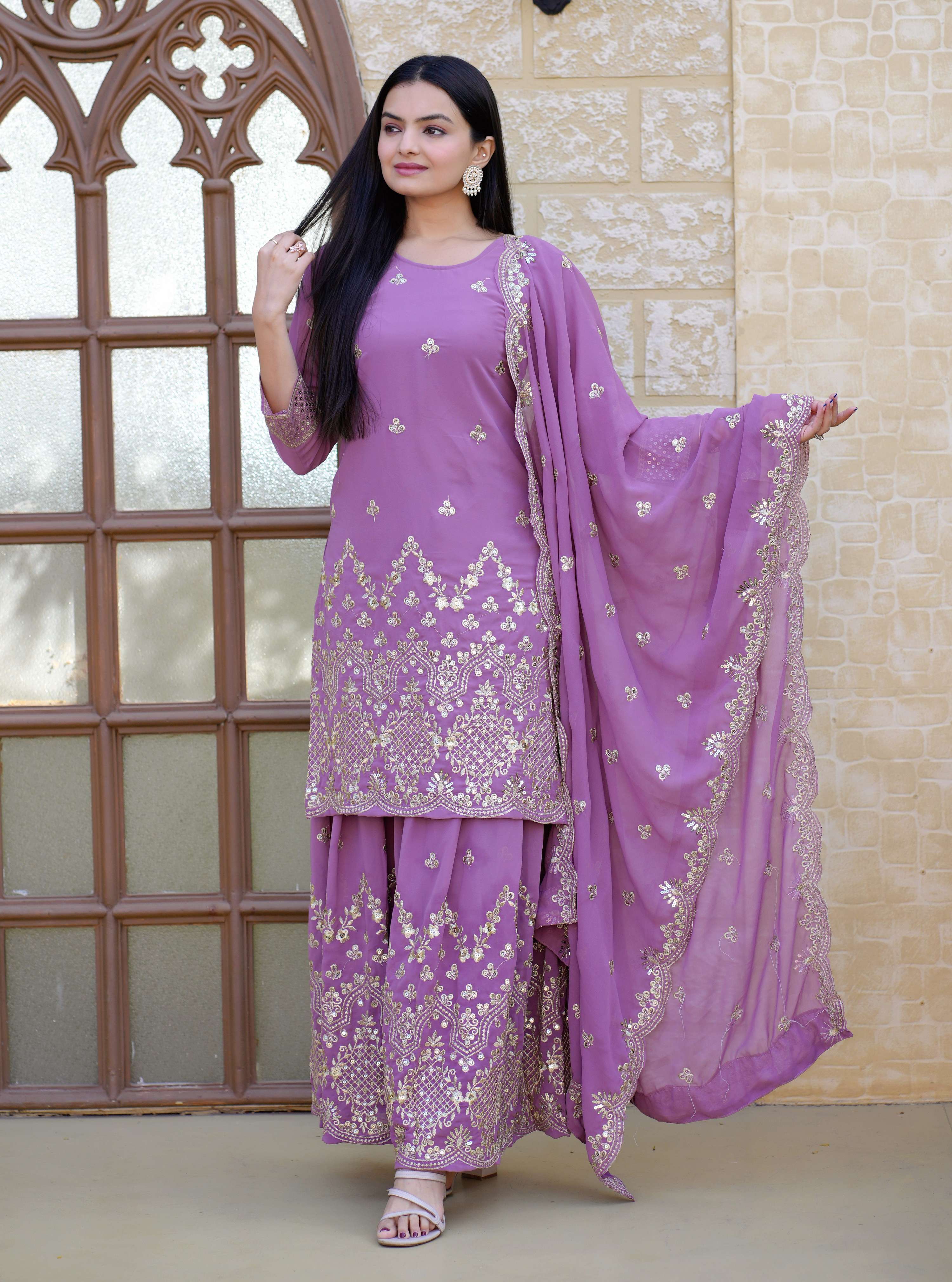Lehenga Mart Designer Faux Georgette Sharara Suit With Sequence Embroidered Work - Lavender - Distacart