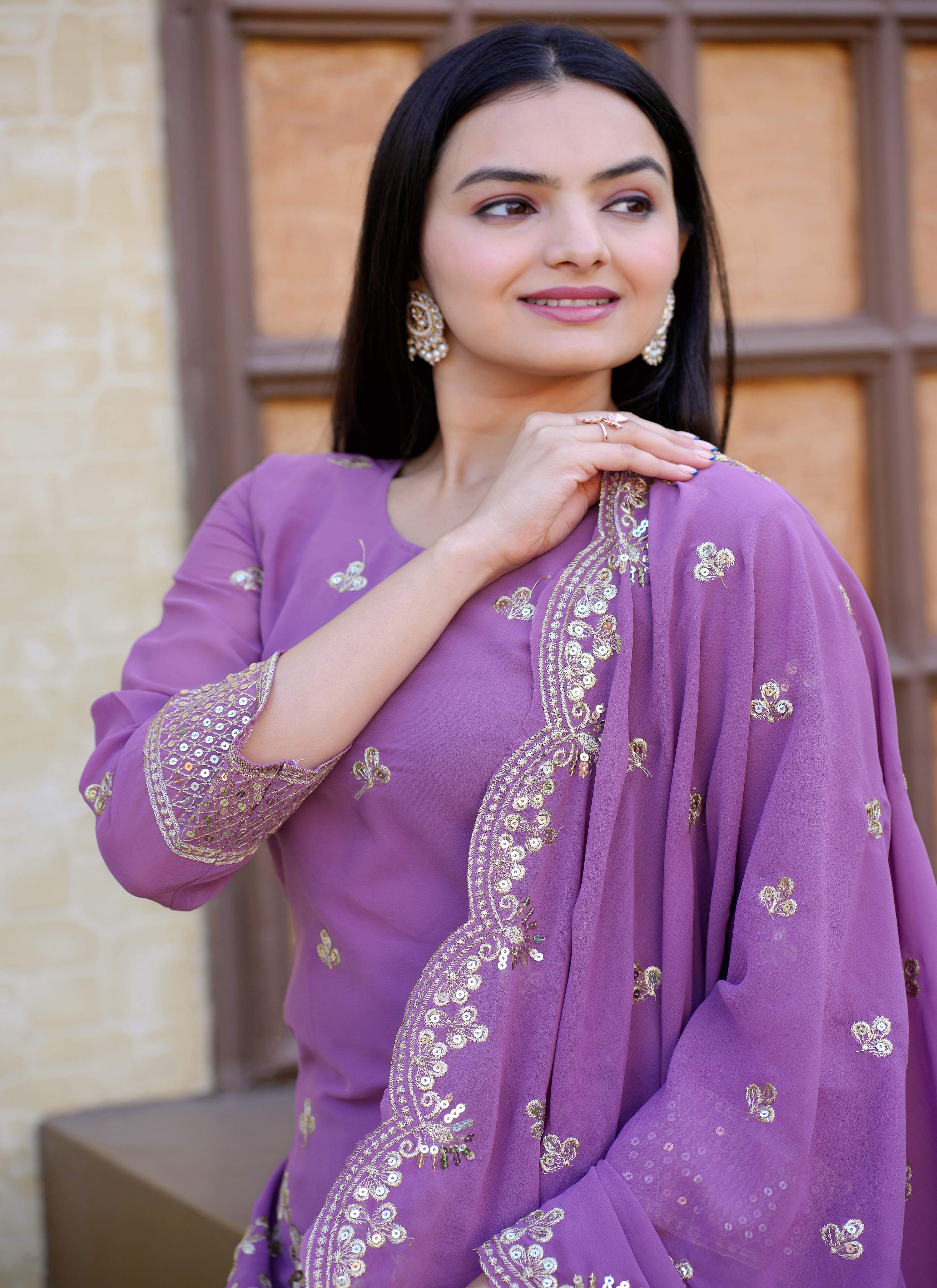 Lehenga Mart Designer Faux Georgette Sharara Suit With Sequence Embroidered Work - Lavender - Distacart