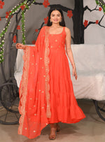 Thumbnail for Lehenga Mart Designer Georgette Gown With Sequence Embroidered Work - Orange - Distacart