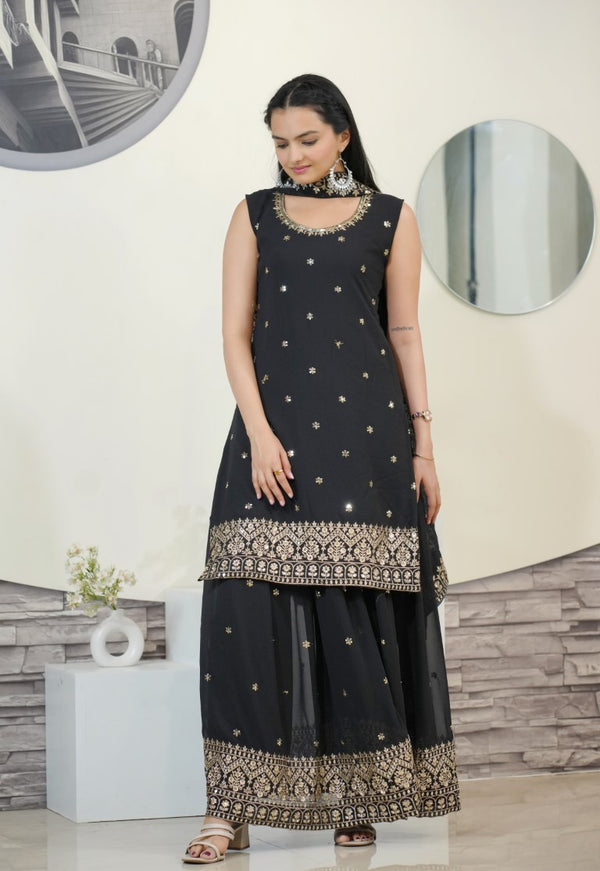 Lehenga Mart Designer Faux Georgette Sharara Suit With Sequence Embroidered Work - Black - Distacart