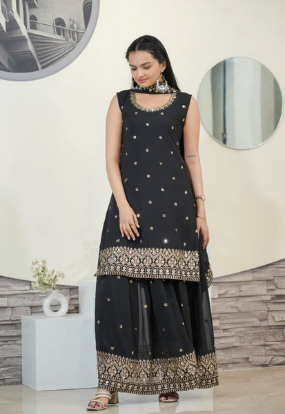 Lehenga Mart Designer Faux Georgette Sharara Suit With Sequence Embroidered Work - Black - Distacart