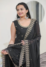 Thumbnail for Lehenga Mart Designer Faux Georgette Sharara Suit With Sequence Embroidered Work - Black - Distacart