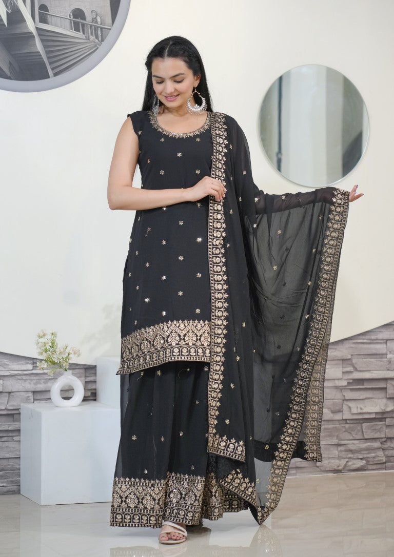 Lehenga Mart Designer Faux Georgette Sharara Suit With Sequence Embroidered Work - Black - Distacart