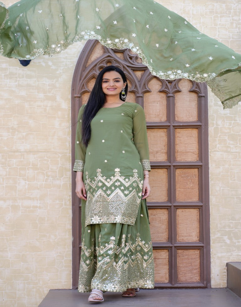 Lehenga Mart Designer Faux Georgette Sharara Suit With Sequence Embroidered Work - Pista Green - Distacart