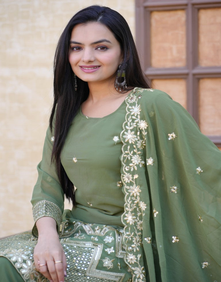 Lehenga Mart Designer Faux Georgette Sharara Suit With Sequence Embroidered Work - Pista Green - Distacart