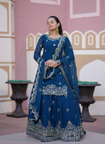 Thumbnail for Lehenga Mart Designer Faux Georgette Lehenga Suit With Sequence Embroidered Work - Teal Blue - Distacart