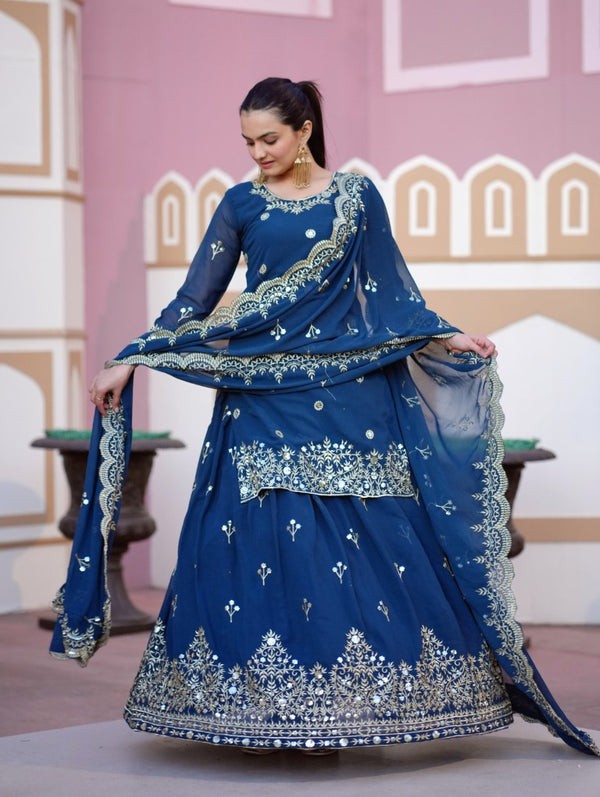 Lehenga Mart Designer Faux Georgette Lehenga Suit With Sequence Embroidered Work - Teal Blue - Distacart
