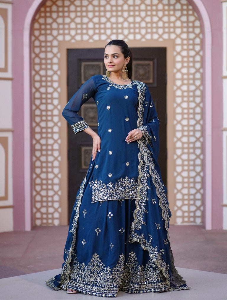Lehenga Mart Designer Faux Georgette Lehenga Suit With Sequence Embroidered Work - Teal Blue - Distacart