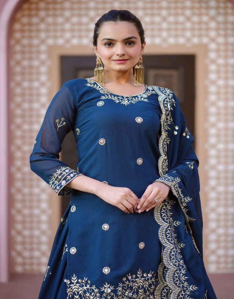 Lehenga Mart Designer Faux Georgette Lehenga Suit With Sequence Embroidered Work - Teal Blue - Distacart