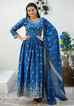 Thumbnail for Lehenga Mart Designer Chinon Gown With Sequence Embroidered Work - Blue - Distacart